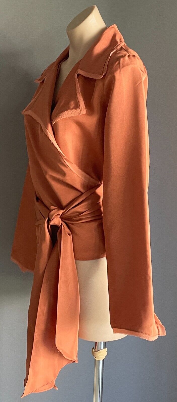 CARLA ZAMPATTI Wrap Blouse Warm Rust 100% Silk Shirt Size 12 Long Sleeve Collar