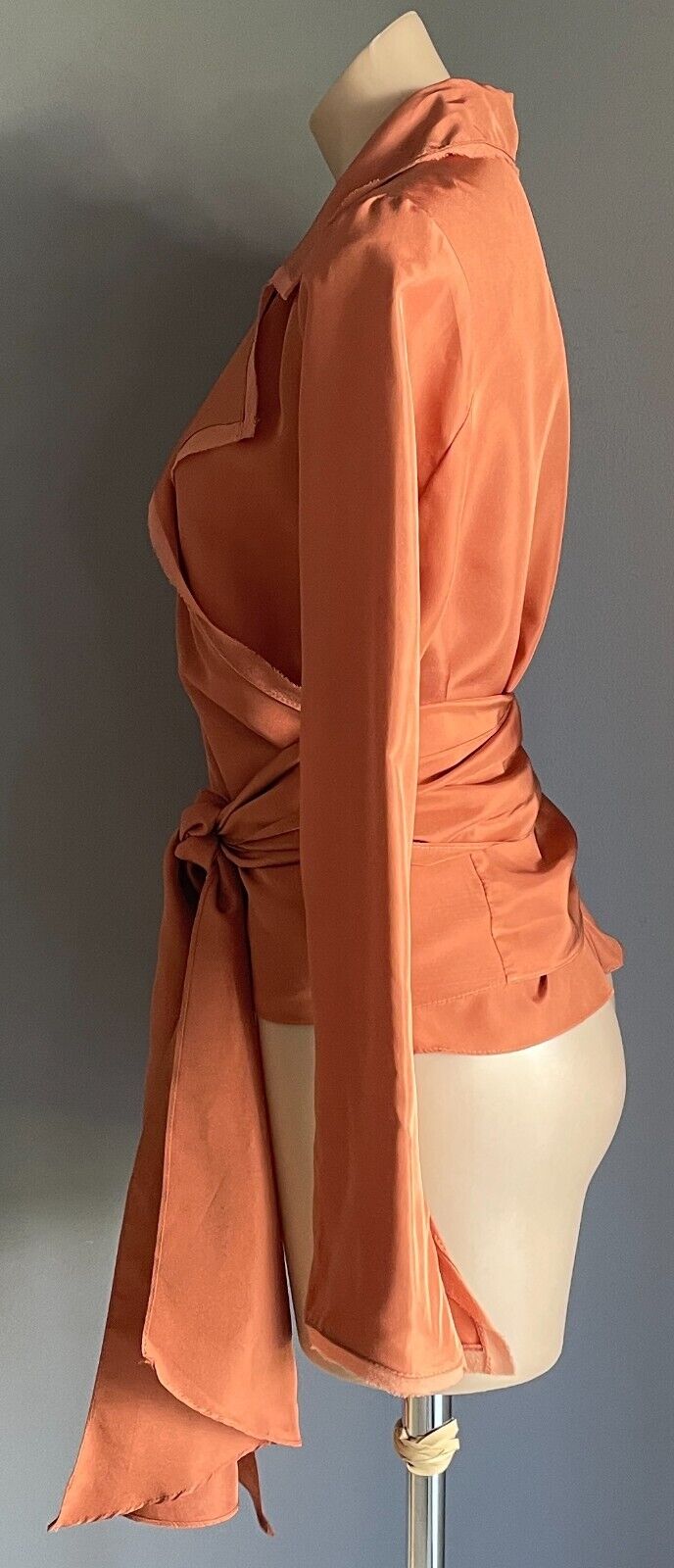CARLA ZAMPATTI Wrap Blouse Warm Rust 100% Silk Shirt Size 12 Long Sleeve Collar