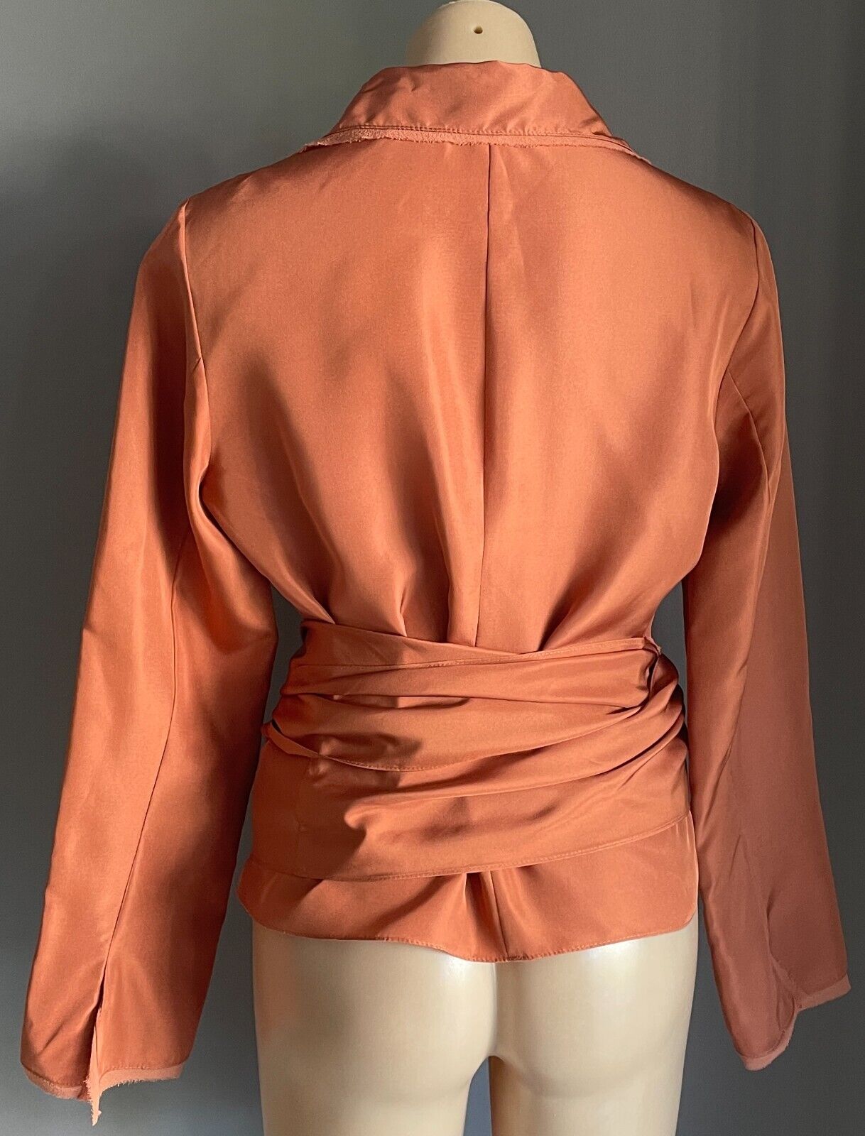 CARLA ZAMPATTI Wrap Blouse Warm Rust 100% Silk Shirt Size 12 Long Sleeve Collar