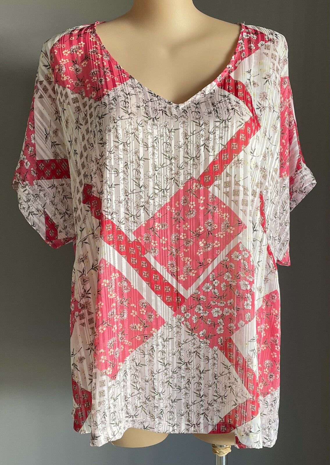 AUTOGRAPH Top White Pink Green Self Stripe Multi Print Semi Sheer Blouse Sz 22