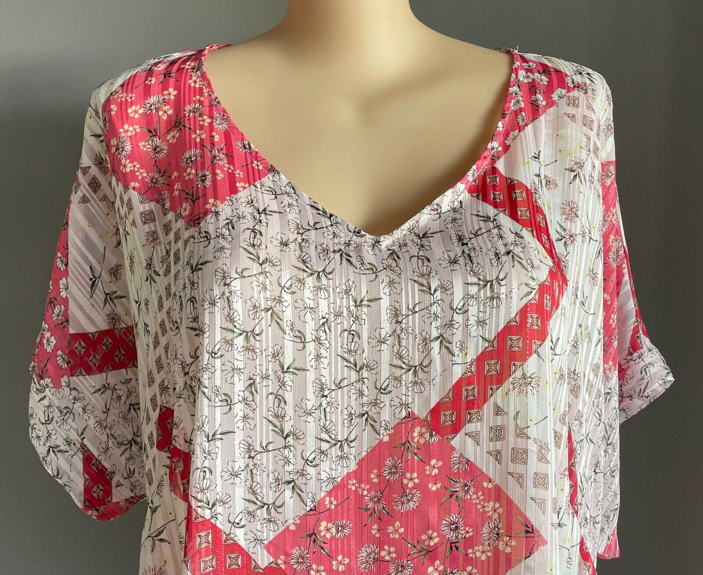 AUTOGRAPH Top White Pink Green Self Stripe Multi Print Semi Sheer Blouse Sz 22