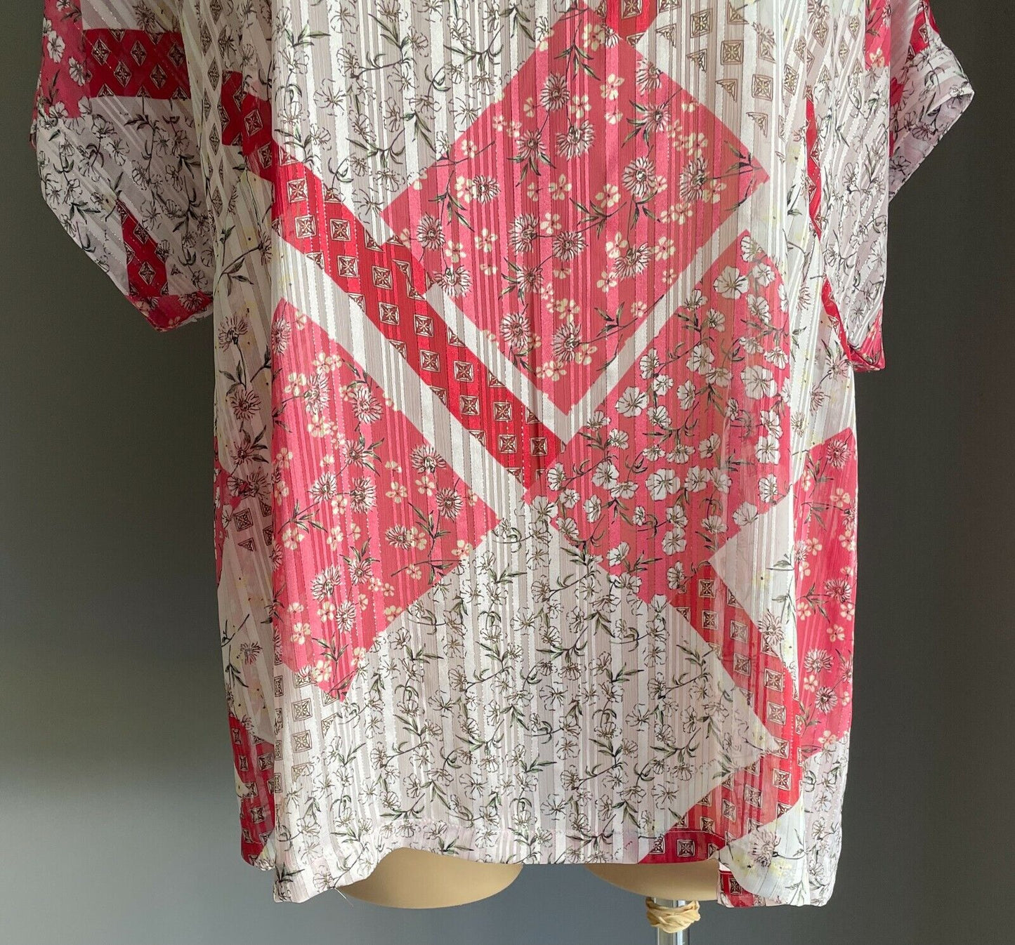 AUTOGRAPH Top White Pink Green Self Stripe Multi Print Semi Sheer Blouse Sz 22