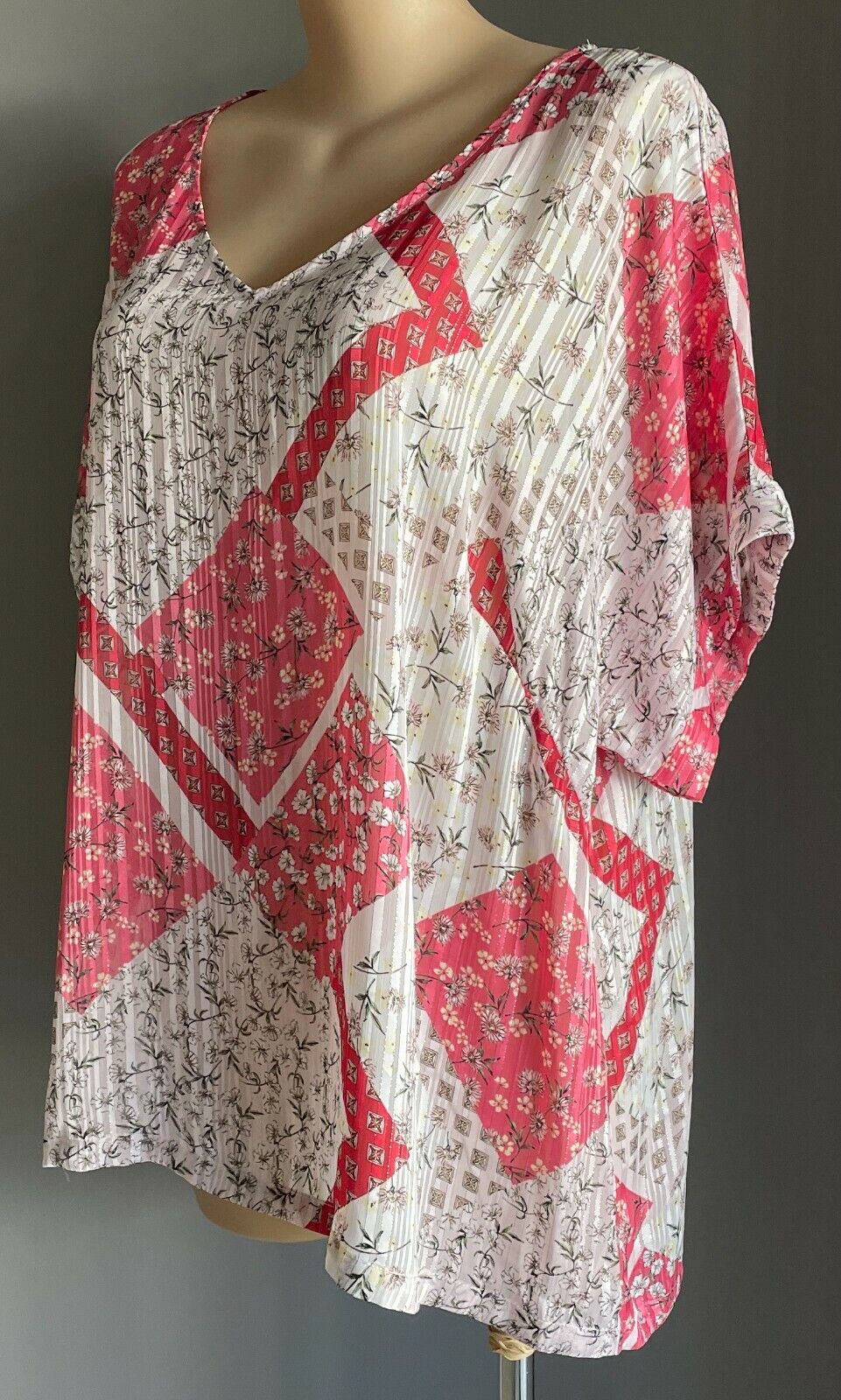 AUTOGRAPH Top White Pink Green Self Stripe Multi Print Semi Sheer Blouse Sz 22