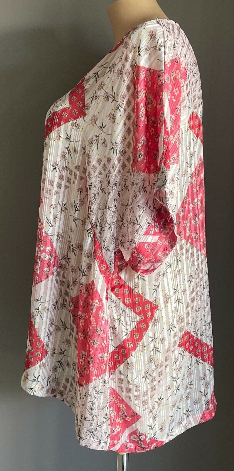 AUTOGRAPH Top White Pink Green Self Stripe Multi Print Semi Sheer Blouse Sz 22