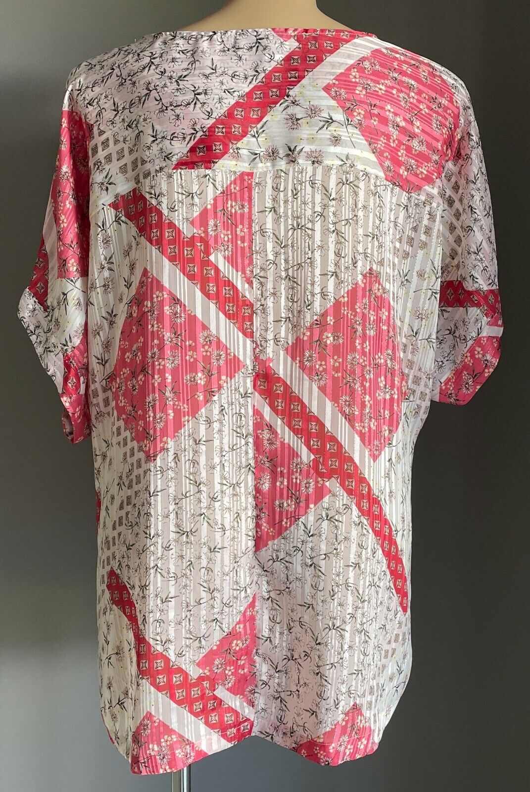 AUTOGRAPH Top White Pink Green Self Stripe Multi Print Semi Sheer Blouse Sz 22