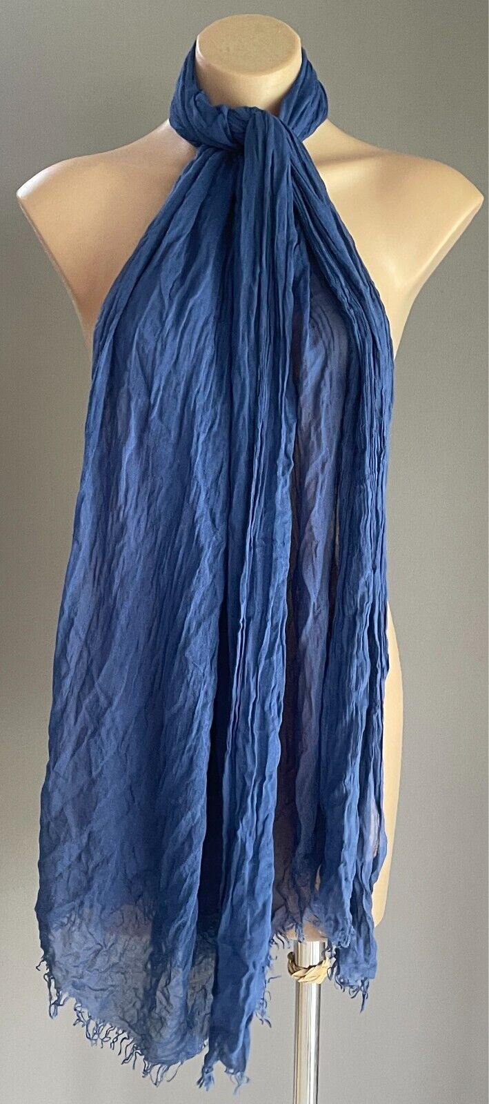 Neck Scarf Fringed Wrap Shawl Blue Rectangle Crinkle Look Lightweight Semi Sheer