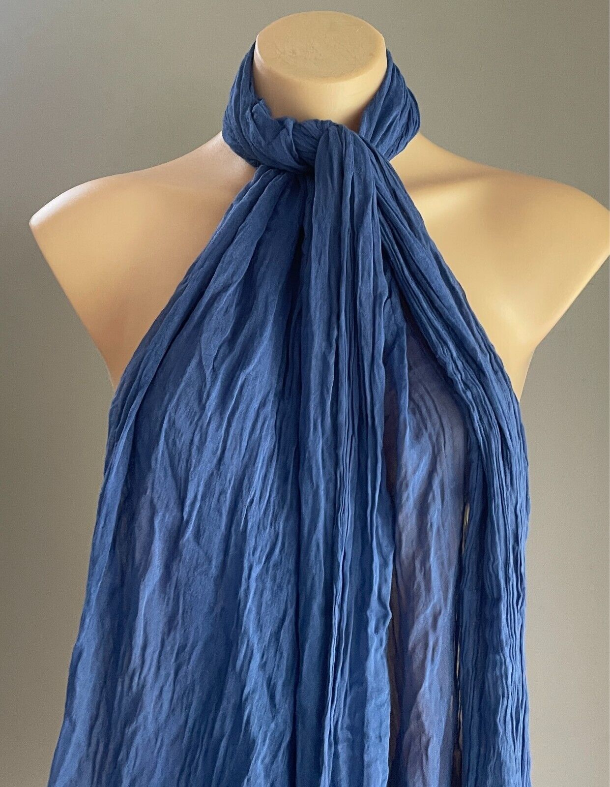 Neck Scarf Fringed Wrap Shawl Blue Rectangle Crinkle Look Lightweight Semi Sheer