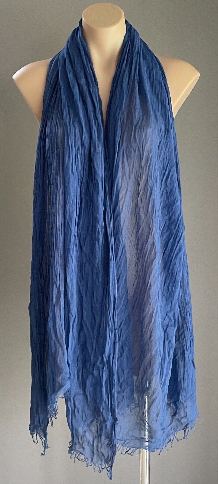 Neck Scarf Fringed Wrap Shawl Blue Rectangle Crinkle Look Lightweight Semi Sheer