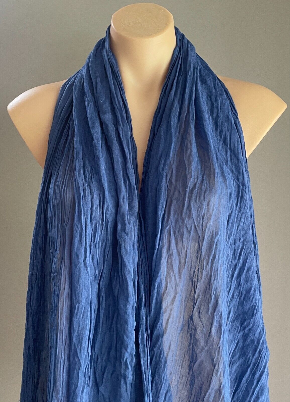 Neck Scarf Fringed Wrap Shawl Blue Rectangle Crinkle Look Lightweight Semi Sheer