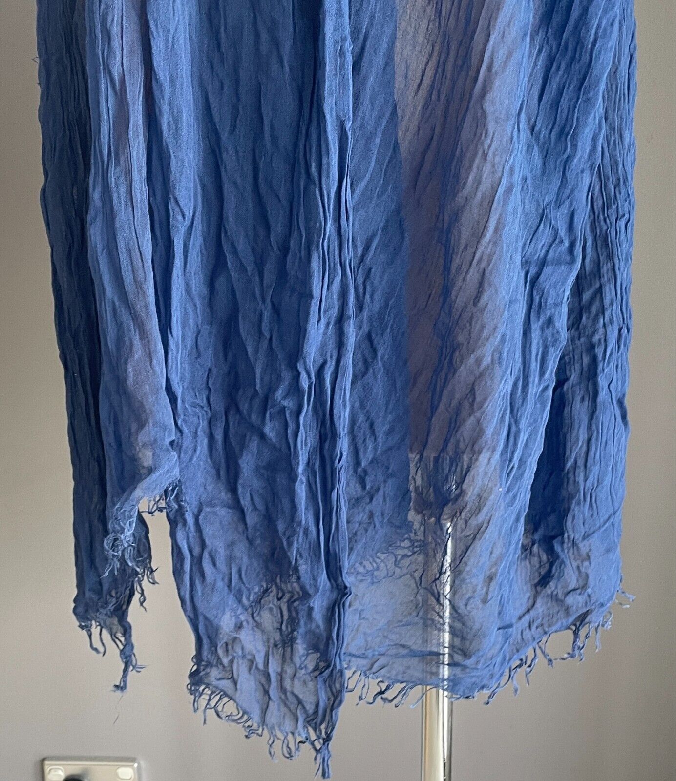 Neck Scarf Fringed Wrap Shawl Blue Rectangle Crinkle Look Lightweight Semi Sheer