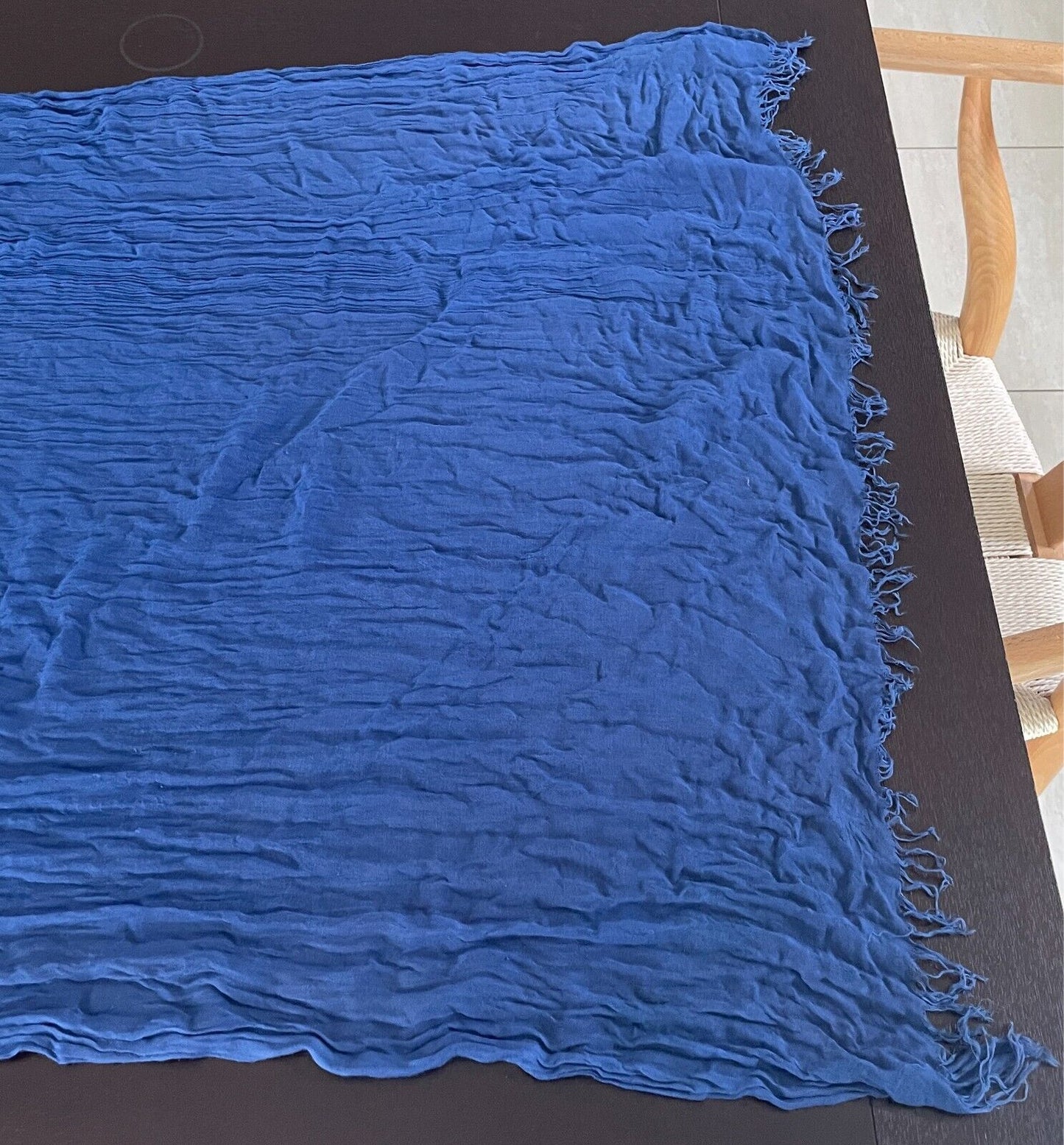 Neck Scarf Fringed Wrap Shawl Blue Rectangle Crinkle Look Lightweight Semi Sheer