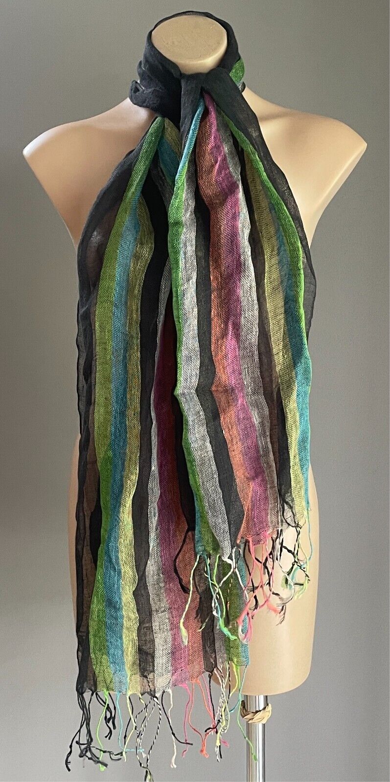 Neck SCARF Fringed Black & Stripe Lightweight Rectangle Wrap Shawl Boho