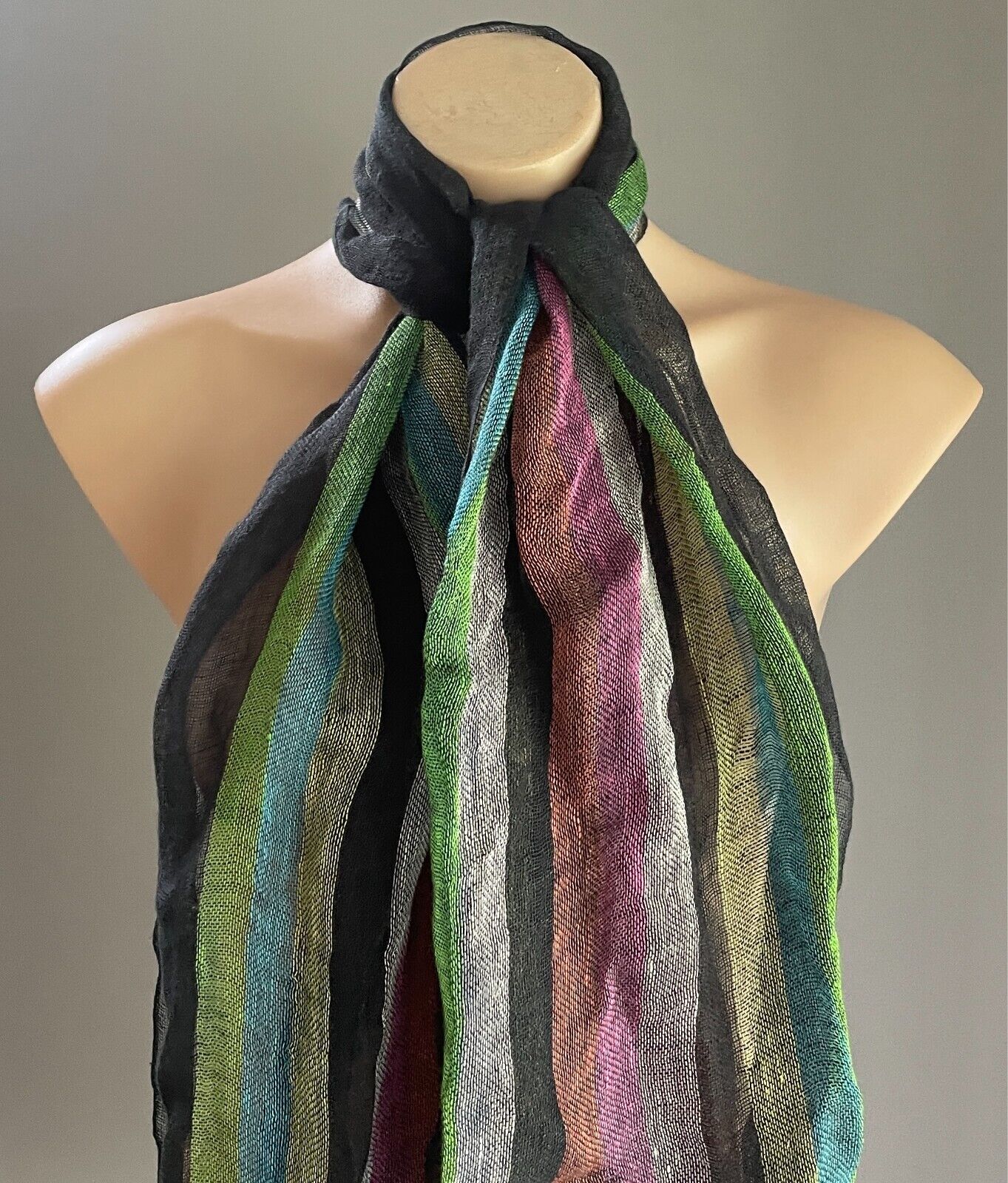 Neck SCARF Fringed Black & Stripe Lightweight Rectangle Wrap Shawl Boho