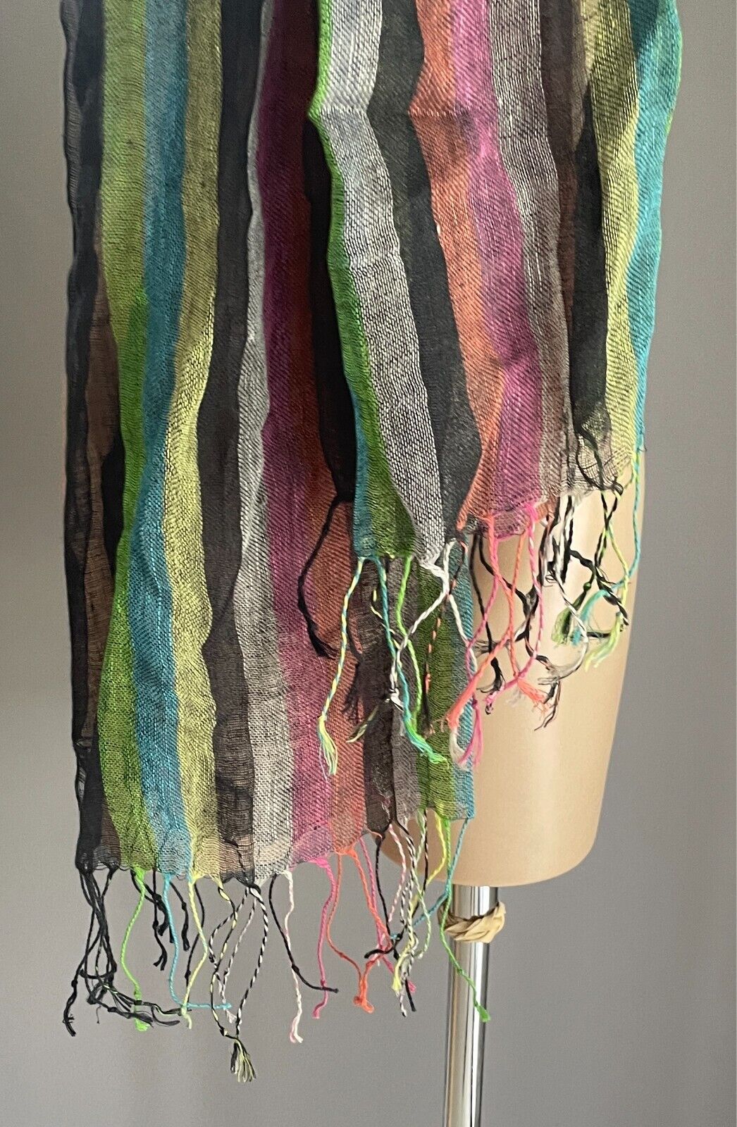 Neck SCARF Fringed Black & Stripe Lightweight Rectangle Wrap Shawl Boho