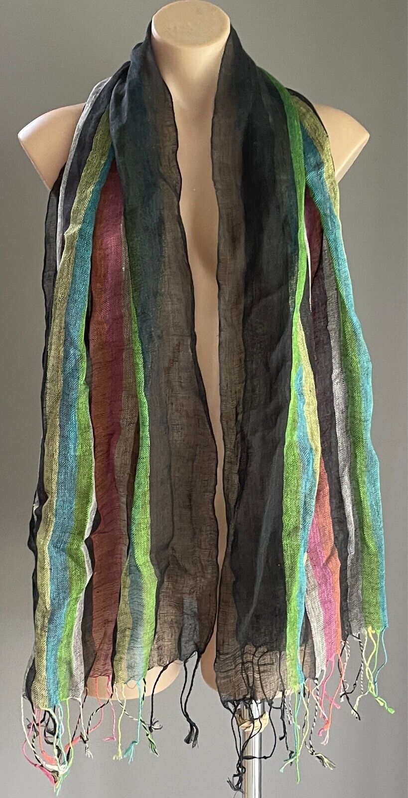 Neck SCARF Fringed Black & Stripe Lightweight Rectangle Wrap Shawl Boho