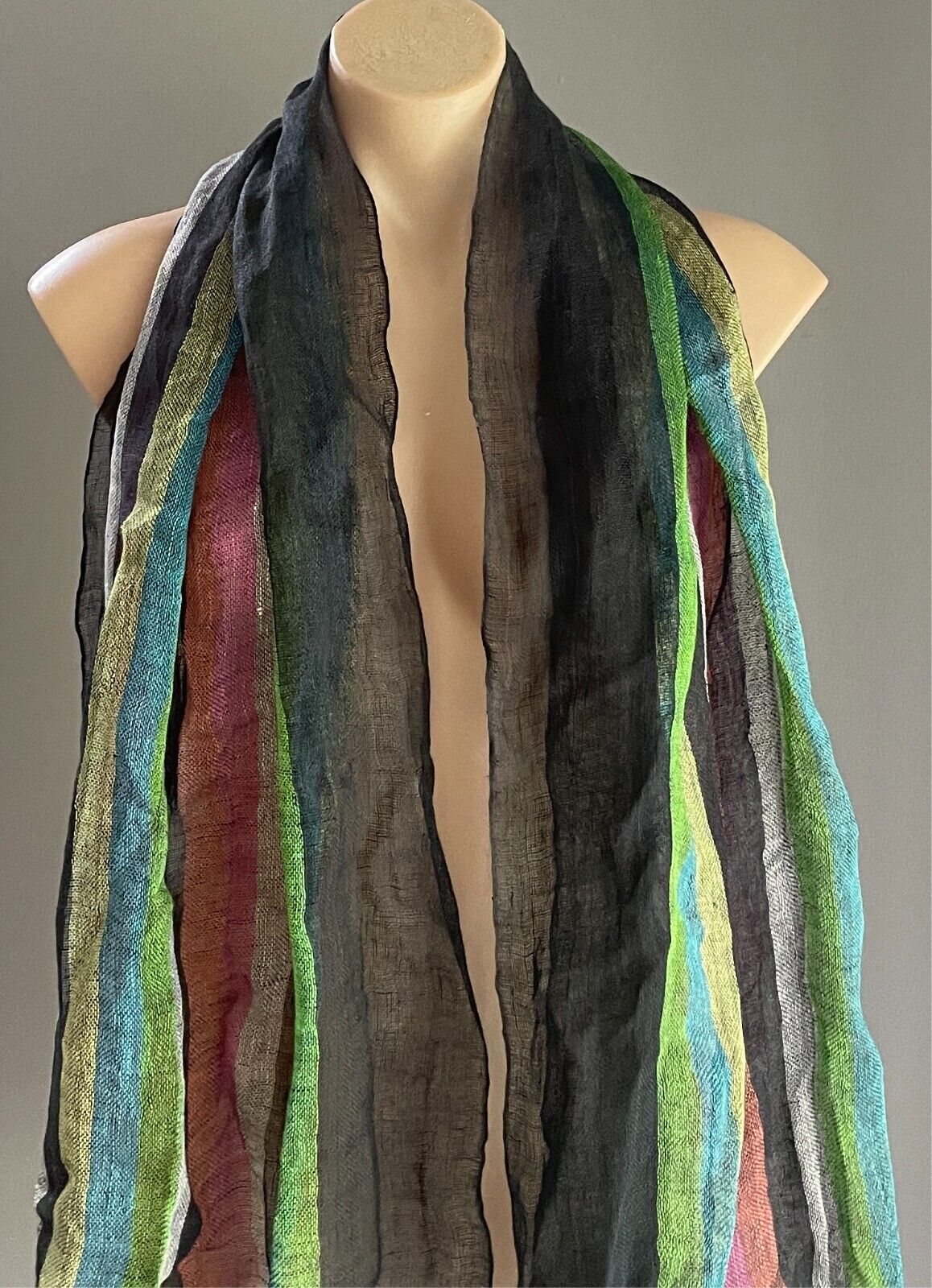Neck SCARF Fringed Black & Stripe Lightweight Rectangle Wrap Shawl Boho
