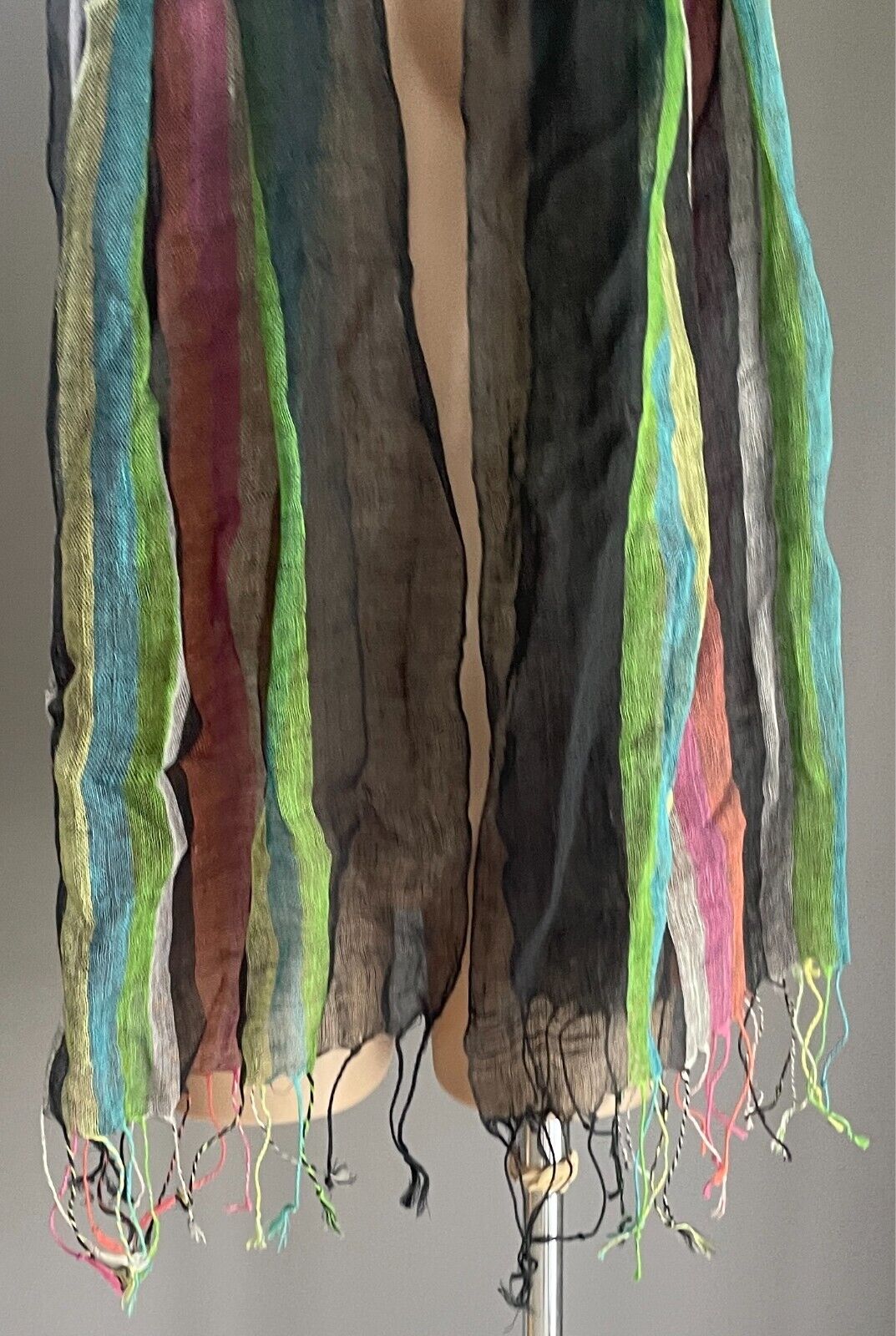Neck SCARF Fringed Black & Stripe Lightweight Rectangle Wrap Shawl Boho