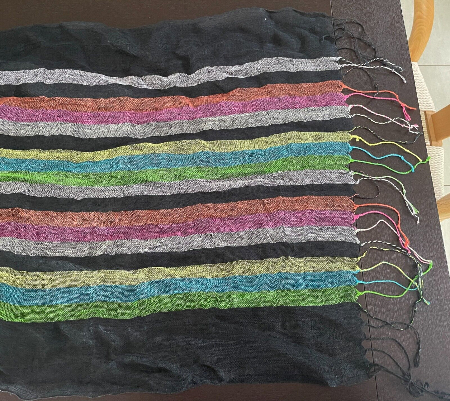 Neck SCARF Fringed Black & Stripe Lightweight Rectangle Wrap Shawl Boho