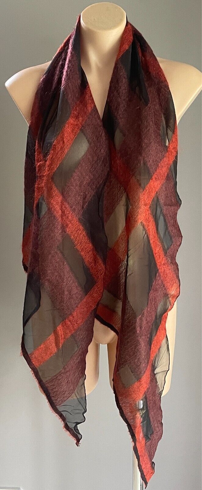 Black, Orange & Maroon Check Print Semi Sheer Lightweight Rectangle Scarf