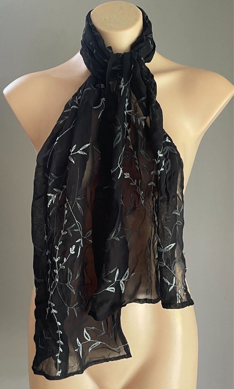 Neck Scarf Black Semi Sheer Crinkle Fabric Embroidered Grey Floral Rectangle