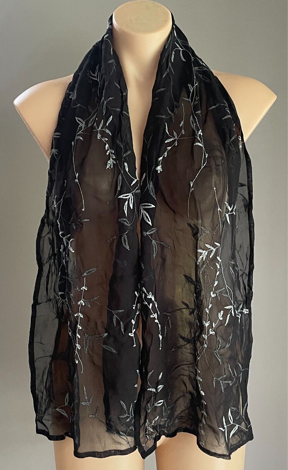 Neck Scarf Black Semi Sheer Crinkle Fabric Embroidered Grey Floral Rectangle