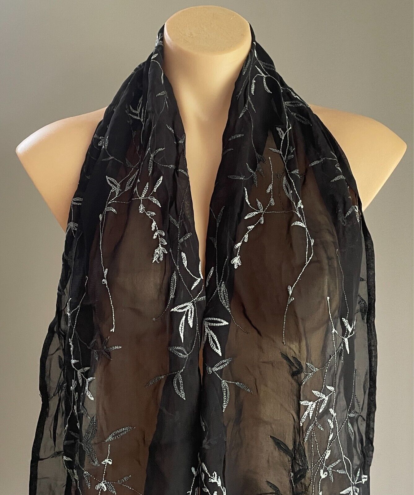 Neck Scarf Black Semi Sheer Crinkle Fabric Embroidered Grey Floral Rectangle