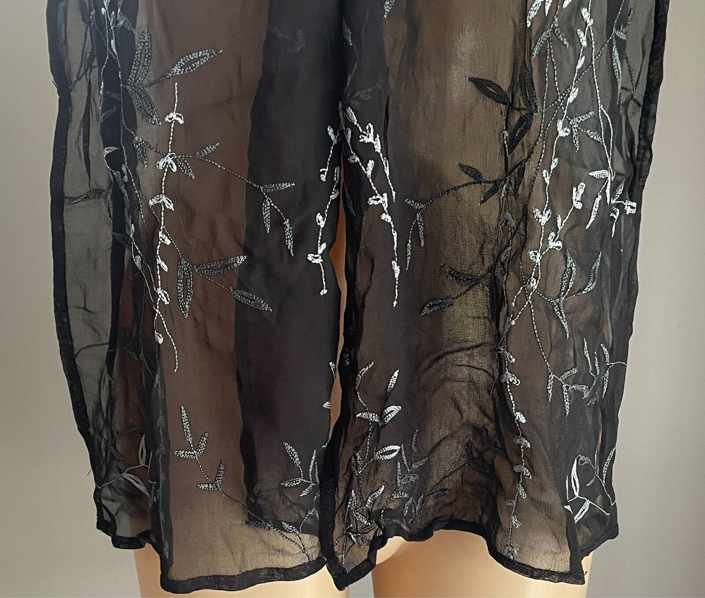 Neck Scarf Black Semi Sheer Crinkle Fabric Embroidered Grey Floral Rectangle