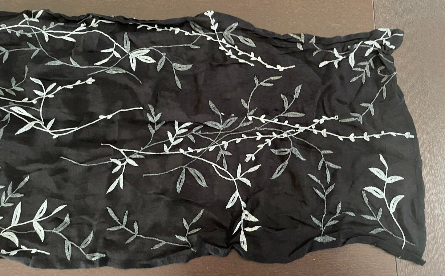 Neck Scarf Black Semi Sheer Crinkle Fabric Embroidered Grey Floral Rectangle
