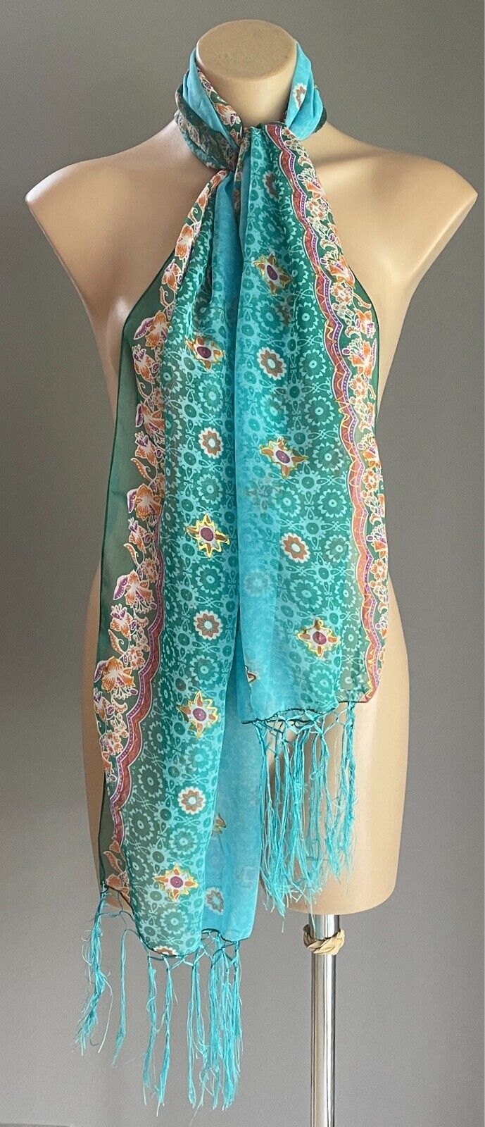 Neck Scarf Blue & Green Multicolour Floral Print Rectangle Fringe Trim Wrap