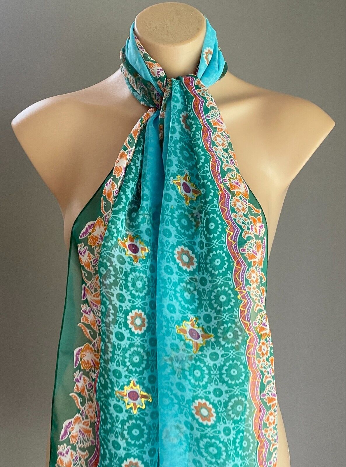 Neck Scarf Blue & Green Multicolour Floral Print Rectangle Fringe Trim Wrap