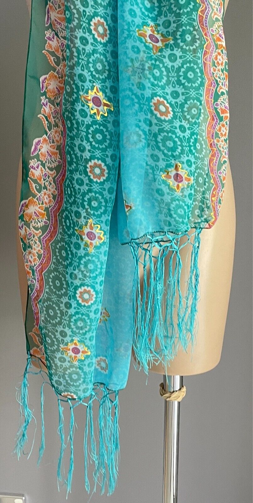 Neck Scarf Blue & Green Multicolour Floral Print Rectangle Fringe Trim Wrap