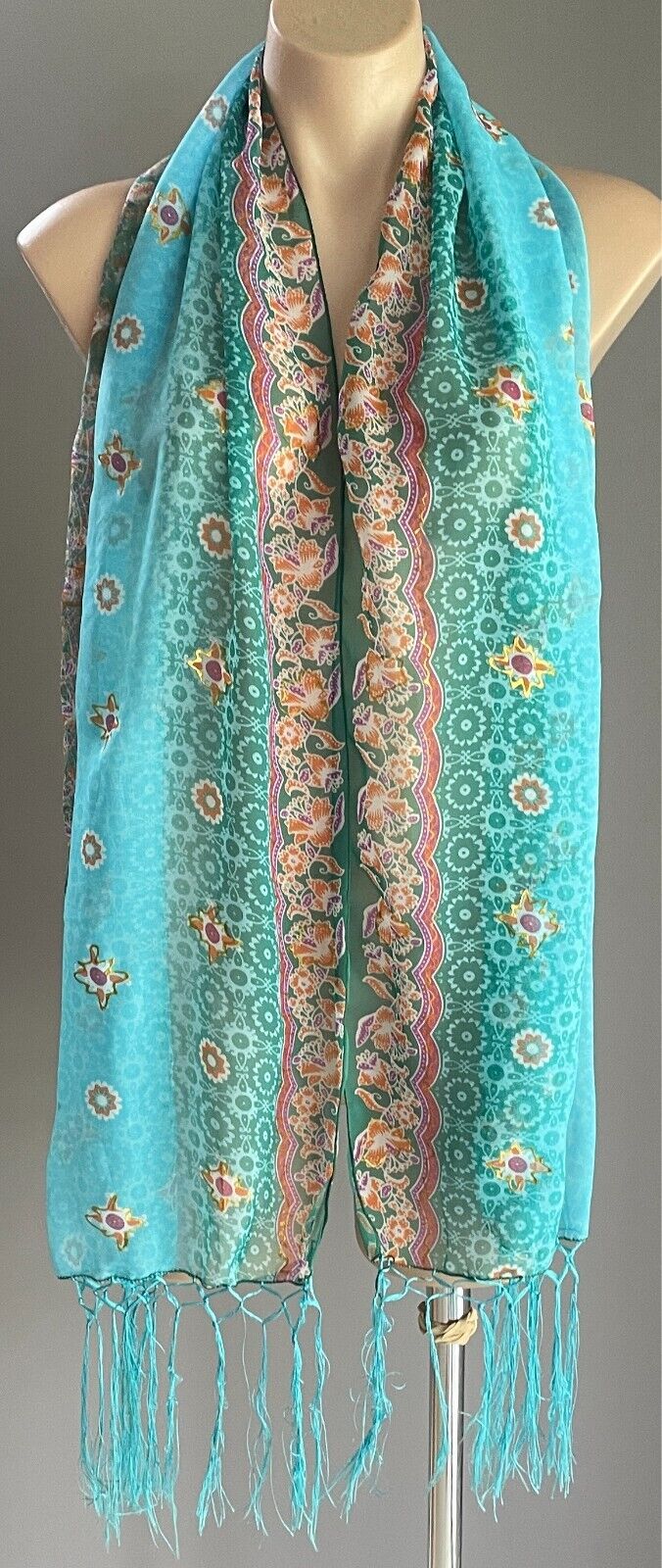 Neck Scarf Blue & Green Multicolour Floral Print Rectangle Fringe Trim Wrap