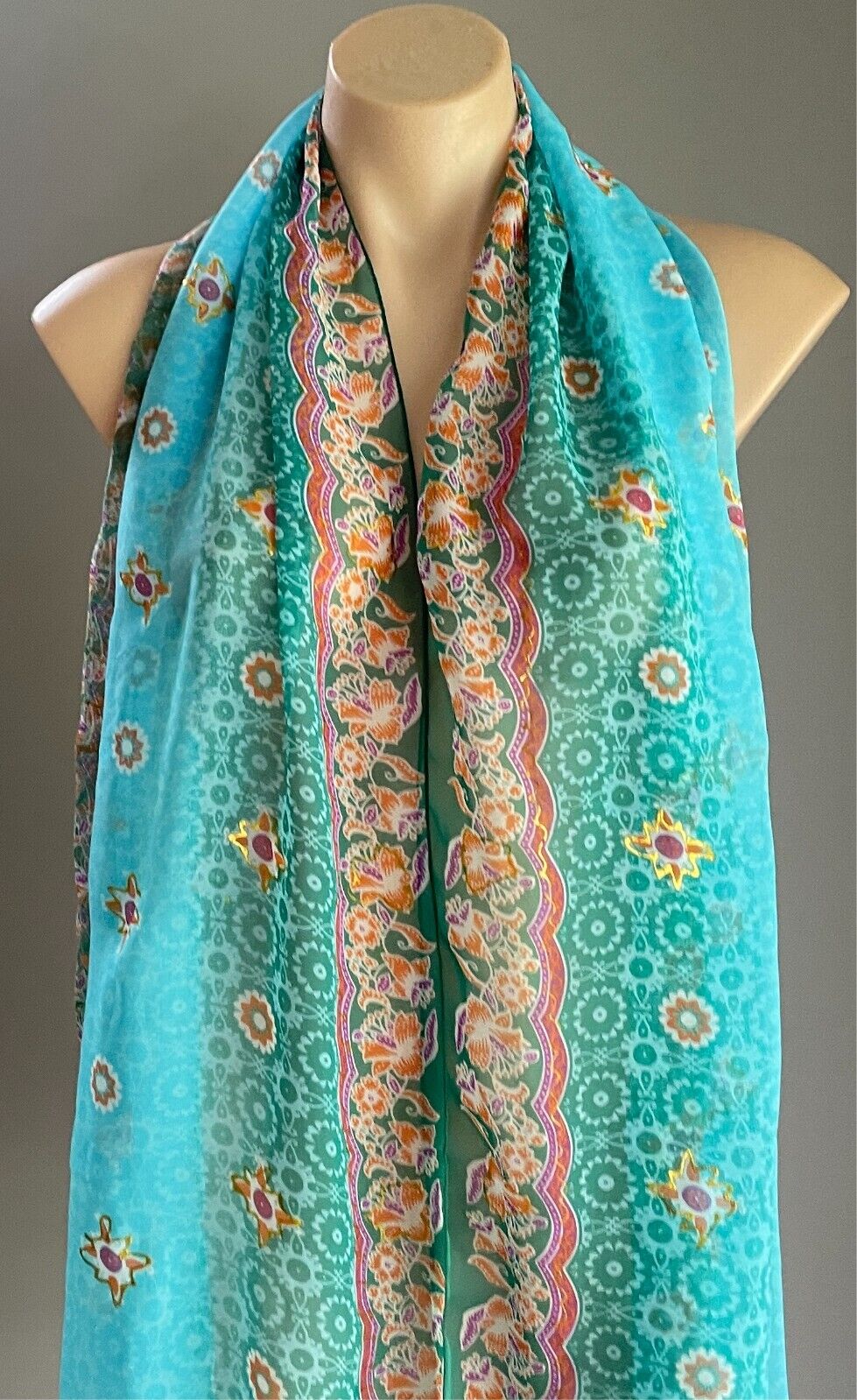 Neck Scarf Blue & Green Multicolour Floral Print Rectangle Fringe Trim Wrap