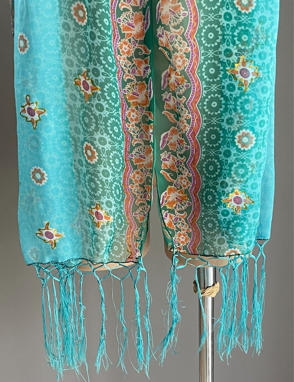 Neck Scarf Blue & Green Multicolour Floral Print Rectangle Fringe Trim Wrap