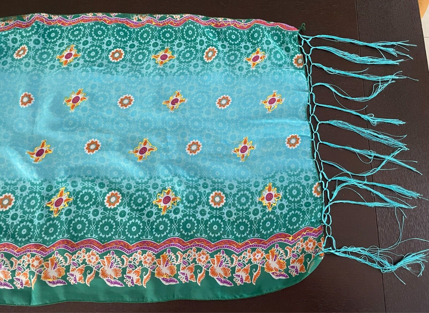 Neck Scarf Blue & Green Multicolour Floral Print Rectangle Fringe Trim Wrap