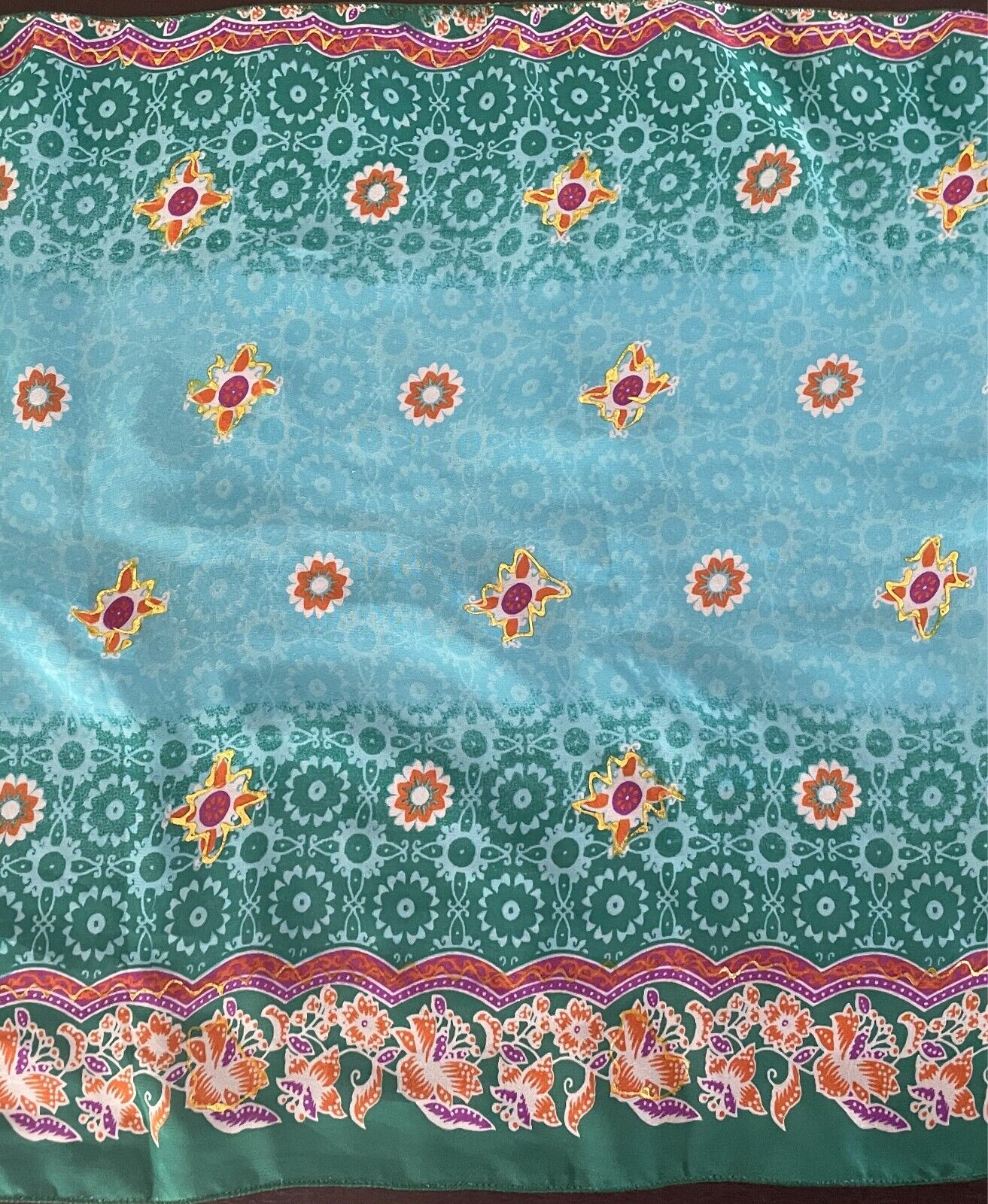 Neck Scarf Blue & Green Multicolour Floral Print Rectangle Fringe Trim Wrap