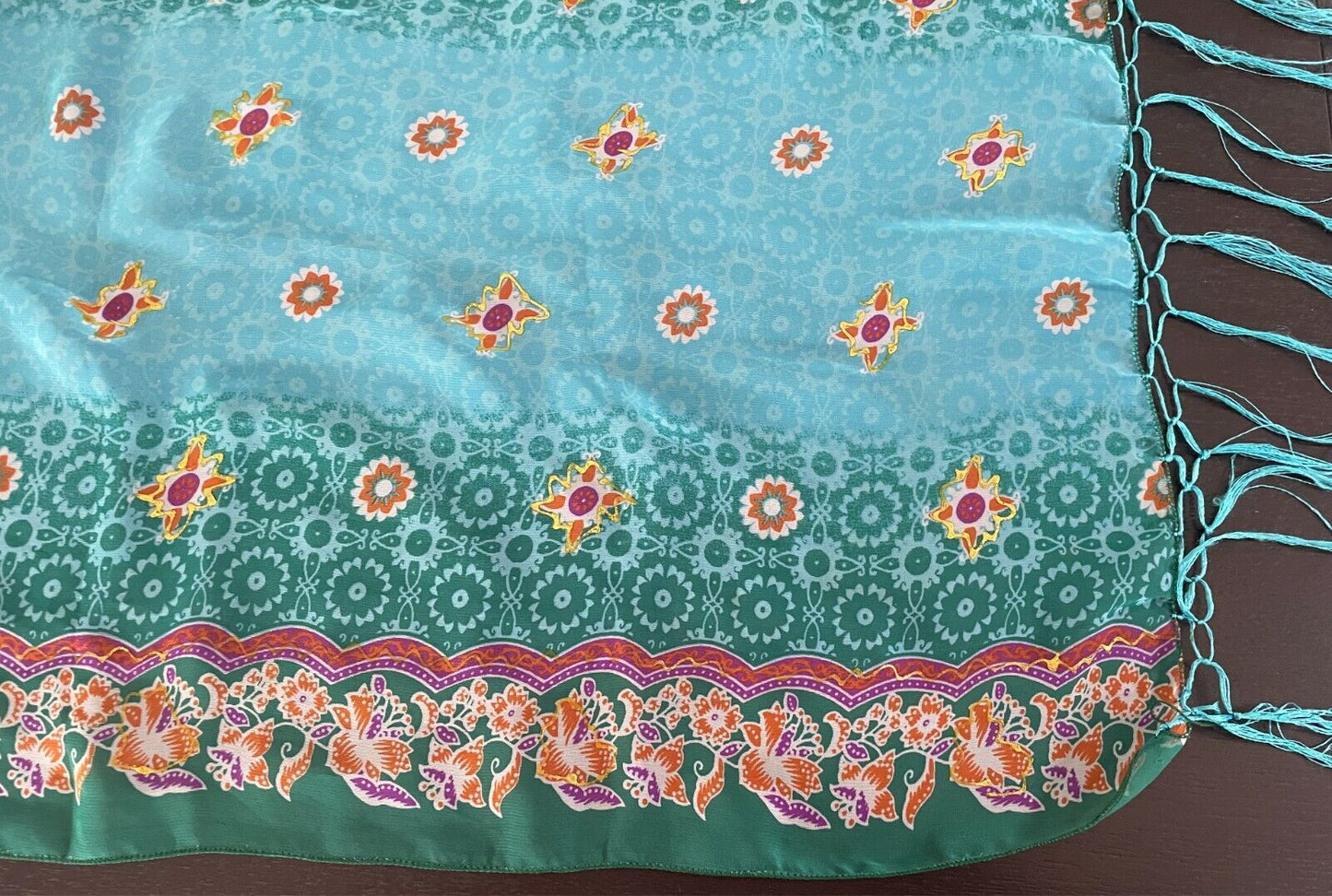 Neck Scarf Blue & Green Multicolour Floral Print Rectangle Fringe Trim Wrap