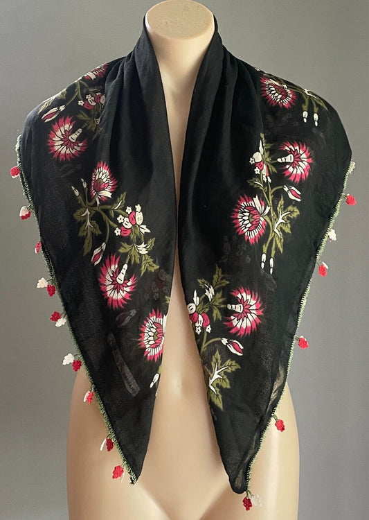 YIKANMIS KESHIN Turkish Cotton Scarf  Wrap  Floral Print Oya Crochet Edge Trim