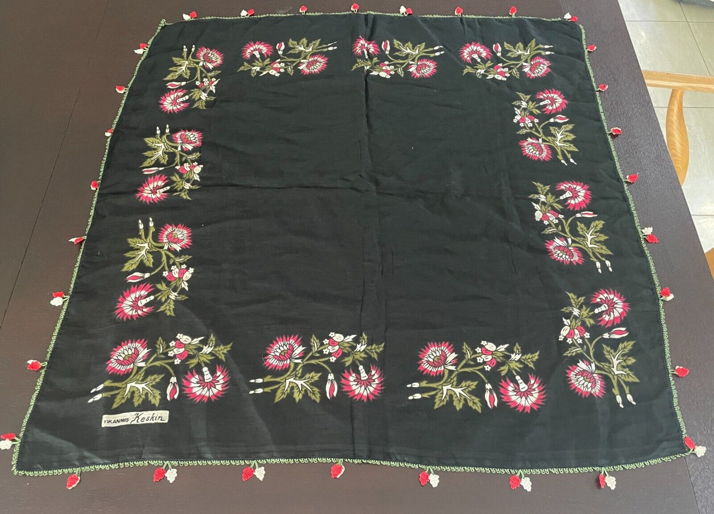 YIKANMIS KESHIN Turkish Cotton Scarf  Wrap  Floral Print Oya Crochet Edge Trim