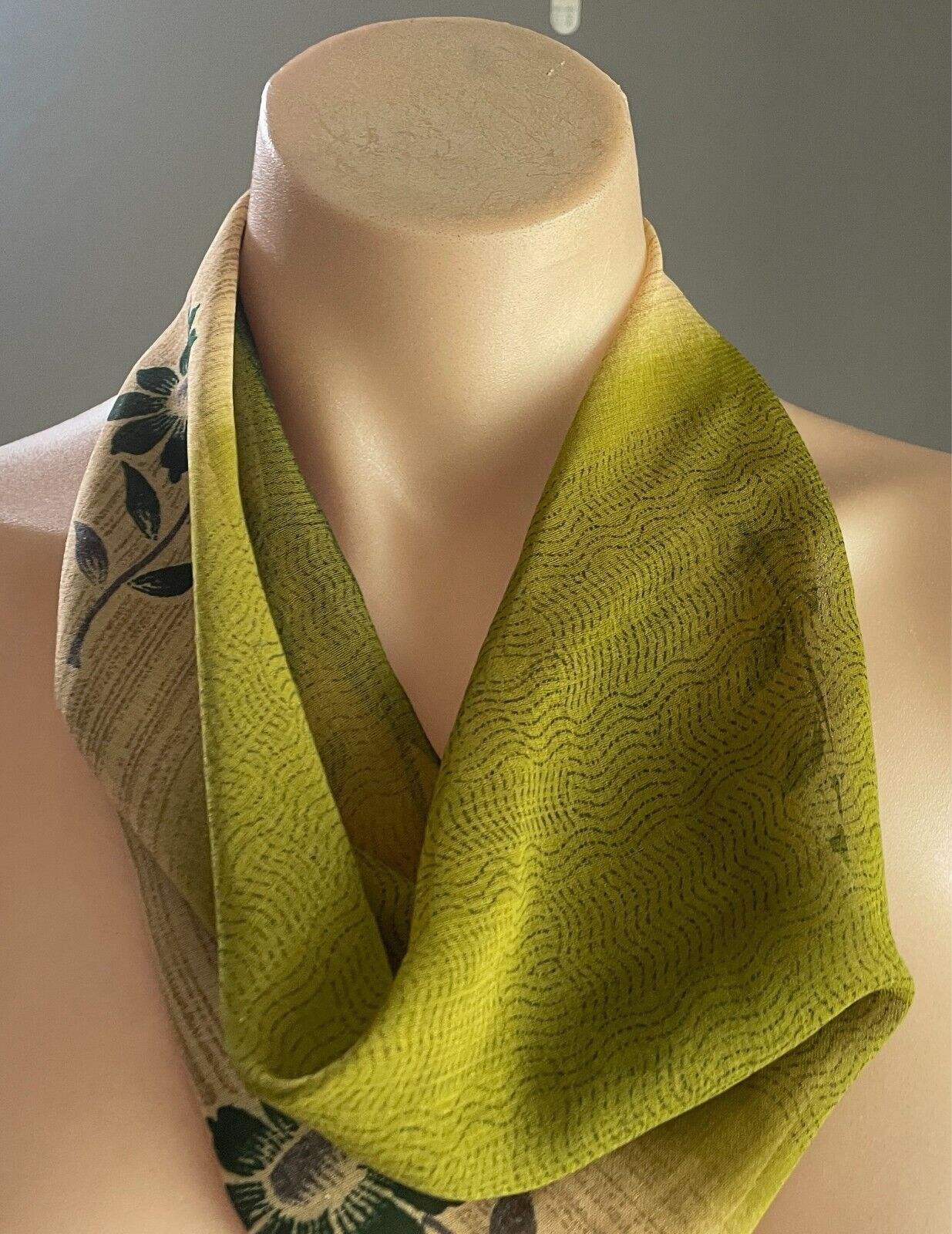 Handmade Neck Scarf Kerchief Khaki/Tan/Green/Grey  Print Decorative Button Trim