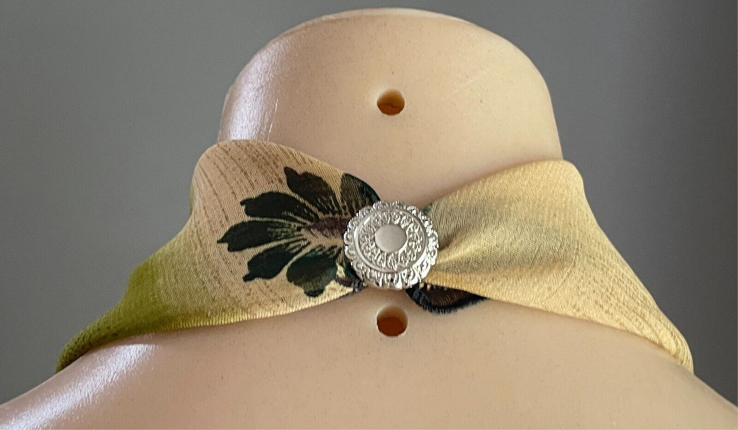 Handmade Neck Scarf Kerchief Khaki/Tan/Green/Grey  Print Decorative Button Trim
