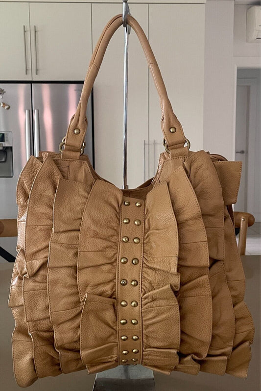 ADA G Leather Camel Colour Shoulder Bag Ruffle & Gold Stud Trim Large Tote Style