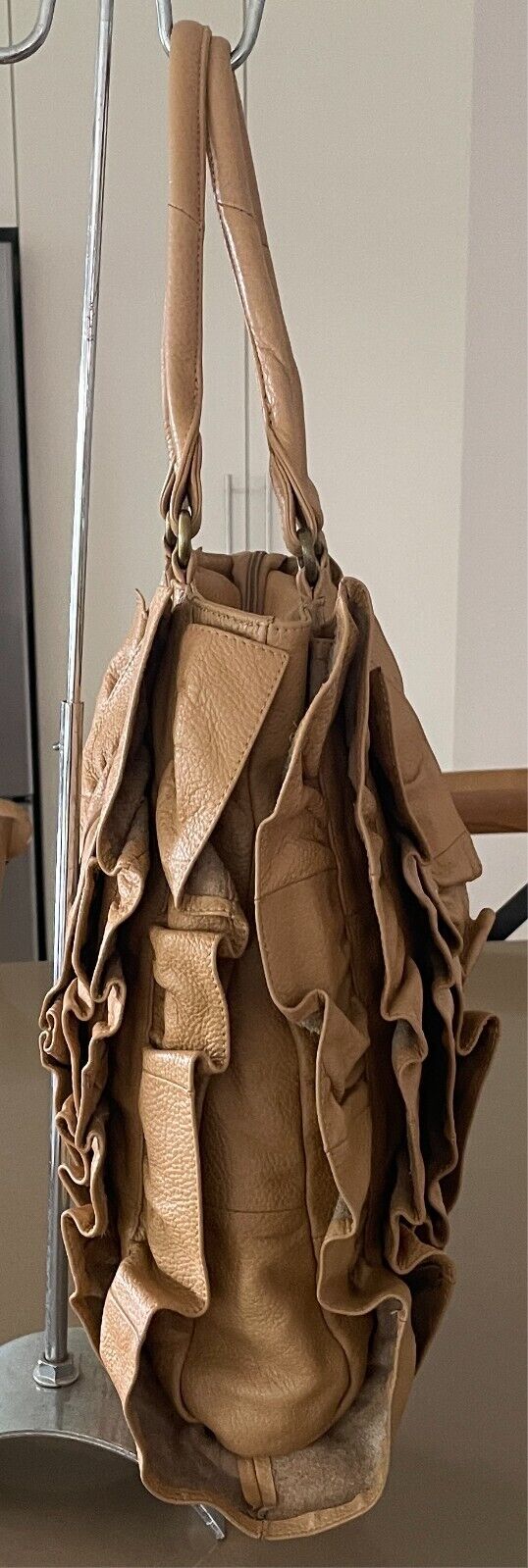 ADA G Leather Camel Colour Shoulder Bag Ruffle & Gold Stud Trim Large Tote Style