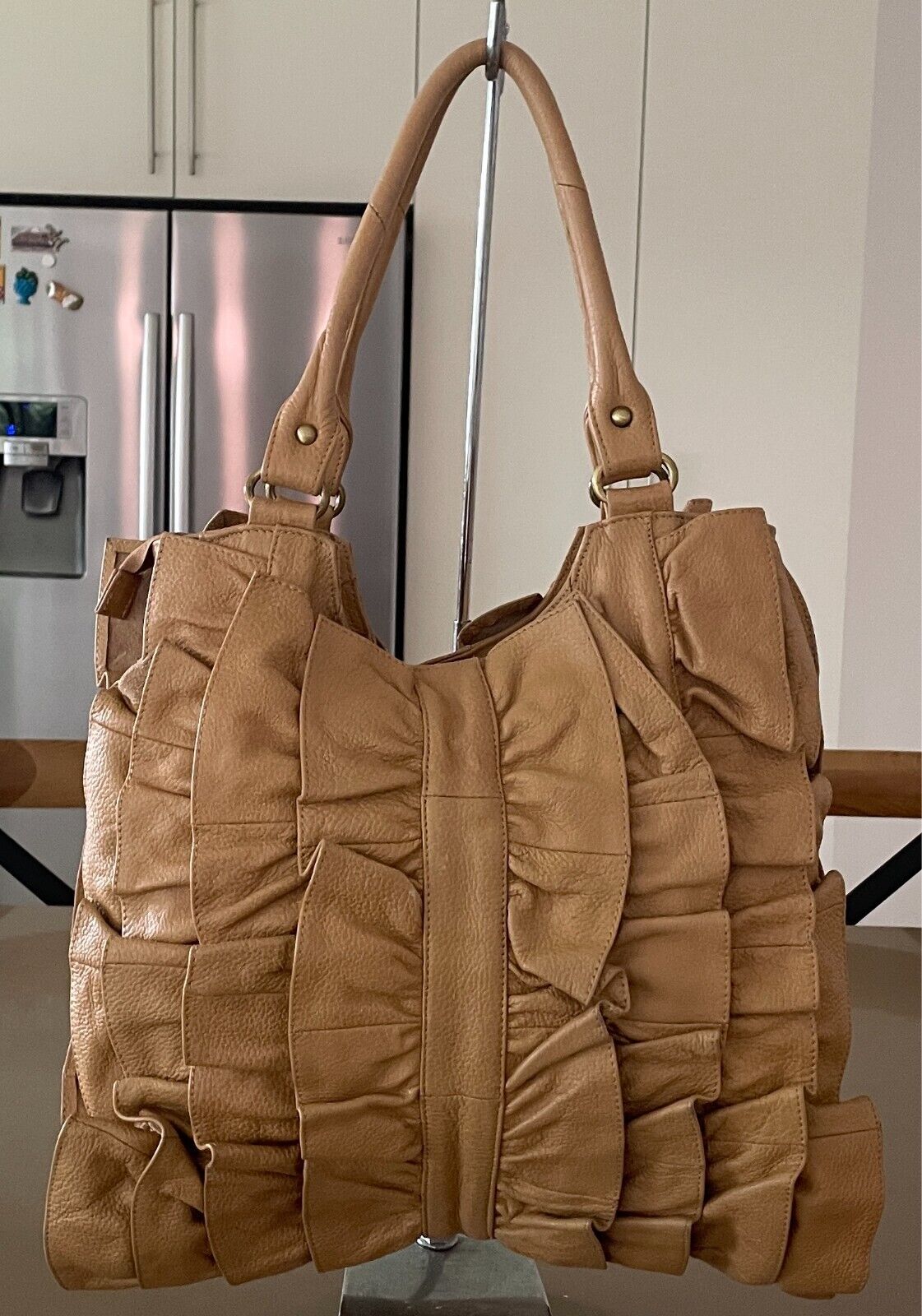 ADA G Leather Camel Colour Shoulder Bag Ruffle & Gold Stud Trim Large Tote Style