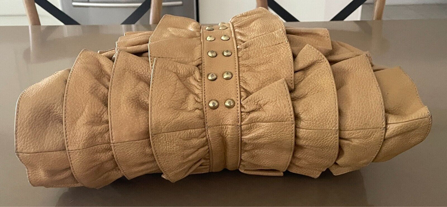 ADA G Leather Camel Colour Shoulder Bag Ruffle & Gold Stud Trim Large Tote Style