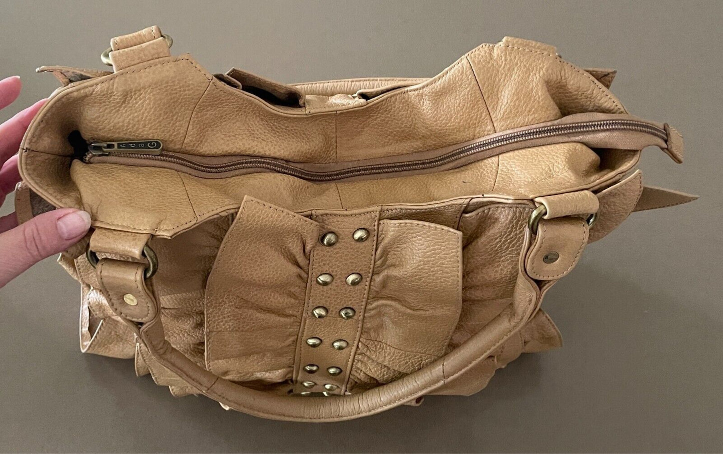 ADA G Leather Camel Colour Shoulder Bag Ruffle & Gold Stud Trim Large Tote Style