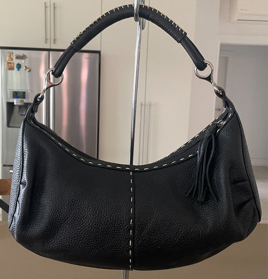 LE SAUNDA Leather Hand Bag Black Pebble Baguette Style Large White Stitch Trim
