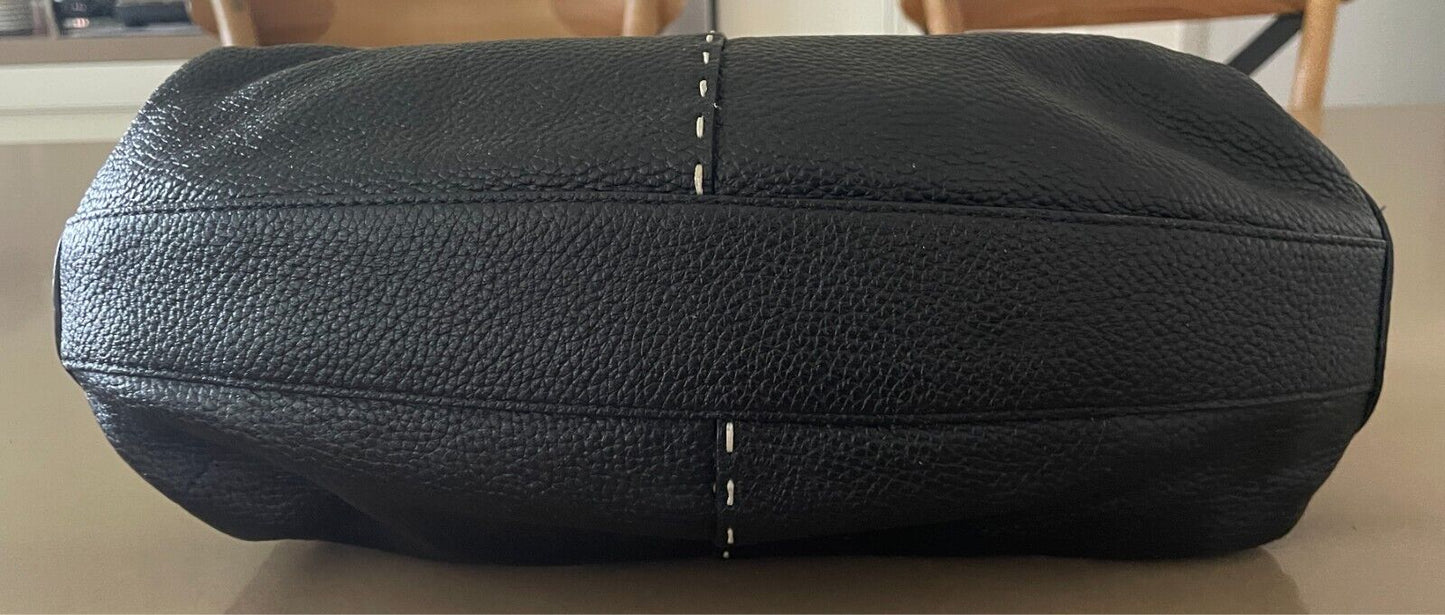 LE SAUNDA Leather Hand Bag Black Pebble Baguette Style Large White Stitch Trim