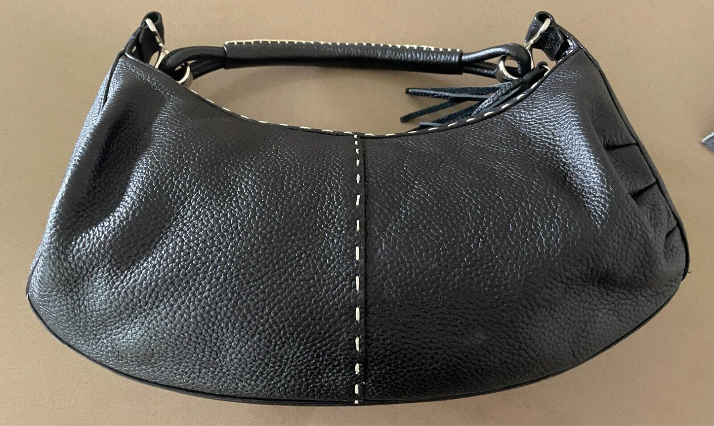 LE SAUNDA Leather Hand Bag Black Pebble Baguette Style Large White Stitch Trim