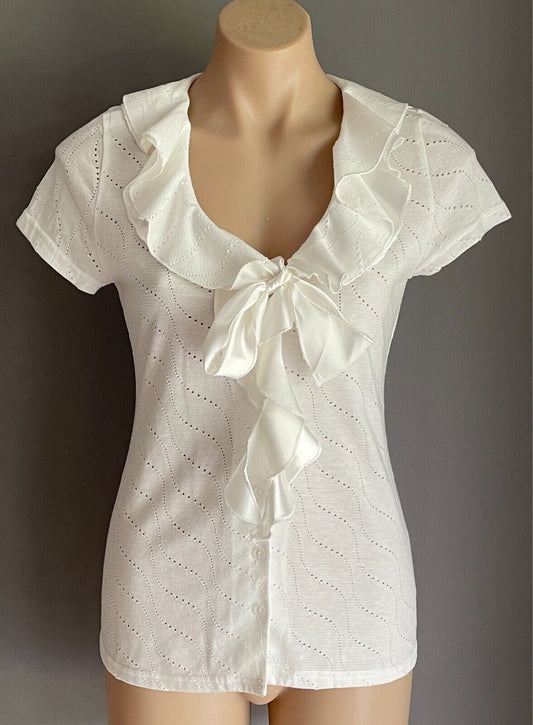 9TH FLOOR White Short Cap Blouse Size 10 Ruffle Neck With Tie Button Front NEW
